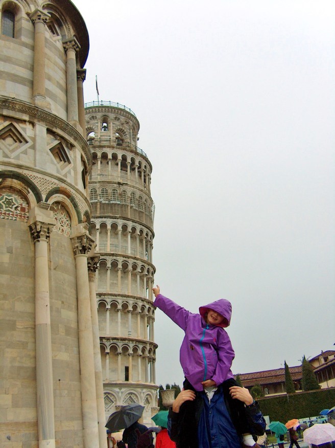 Misaligned photo of that crooked Leaning Tower of Pisa.  And somehow my husband's head has been obscured by my daughter's raincoat. Nothing lined up right here!