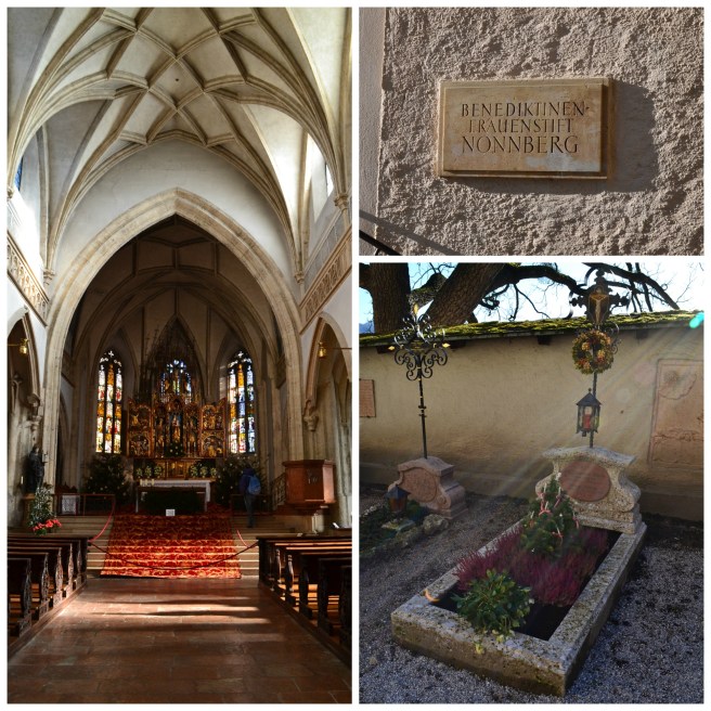 Nonnberg Abbey--sign, beautiful chapel, and graveyard. I love the light rays spilling over the Abbey wall and onto this grave--I think someone is trying to send us a Merry Christmas message. 