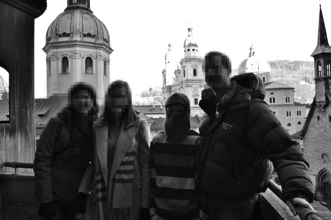 Bashful travel companions, Salzburg 2015. My son came prepared to erase his identify from any photographic evidence. 