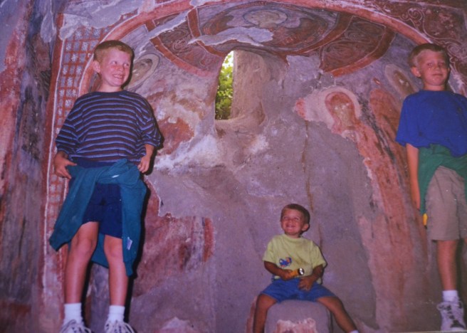 1998 or 99 --our neighbors, in a Byzantine cave church in the Ilhara , near Guzelyurt, Turkey