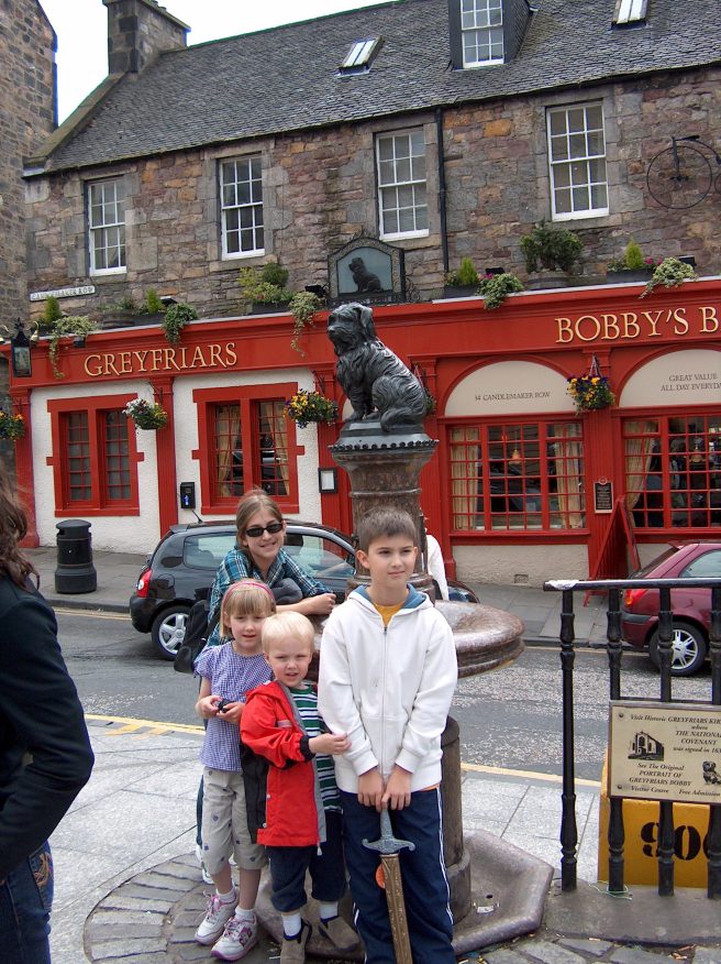 Cousins in Edinburgh, at Greyfriar's Bobby Memorial ,2007 or 2008